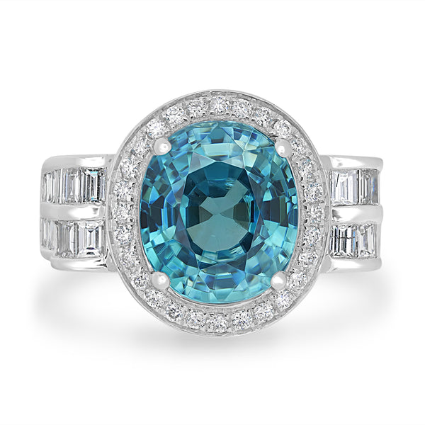 7.487ct  Blue Zircon Rings with 0.19tct Diamond set in 14K White Gold